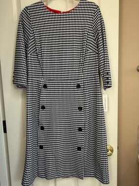 Shelby & Palmer Black and White Houndstooth Midi Dress with Red Trim